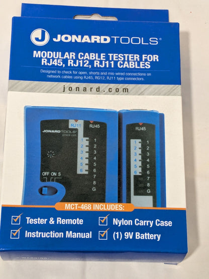 Jonard Modular Cable Tester LED Screen, RJ11, RJ12 &amp; RJ45 Connectors MCT-468