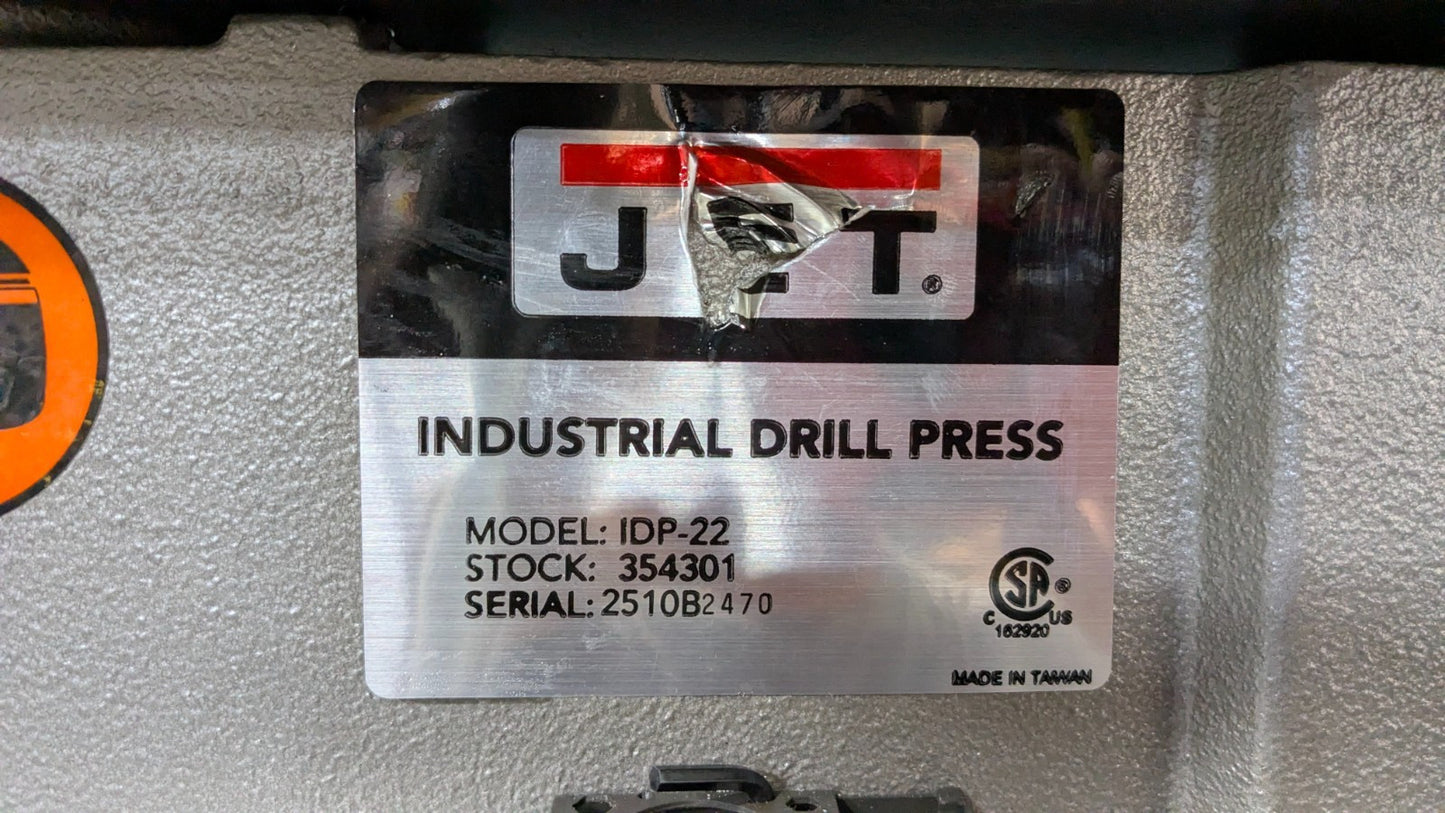 JET IDP-22 Heavy Duty Drill Press 22" Swing  1-1/2HP 115V Step Pulley  3MT Taper