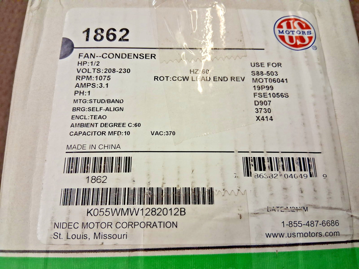US Motors Single Phase Permanent Split Capacitor AC Motor 1862