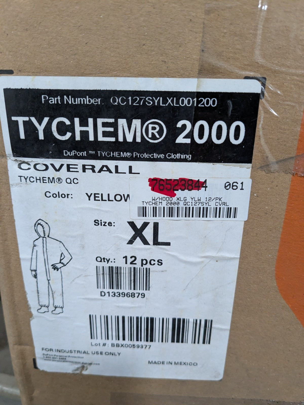 DUPONT Disposable Coveralls 12pk Splash&Chemical Size XL QC127SYLXL001200