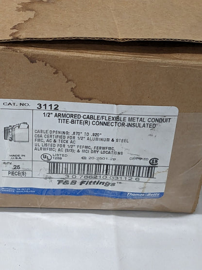T&B Conduit Connector: For FMC, Steel, 1/2" Trade Size Qty 25 3112