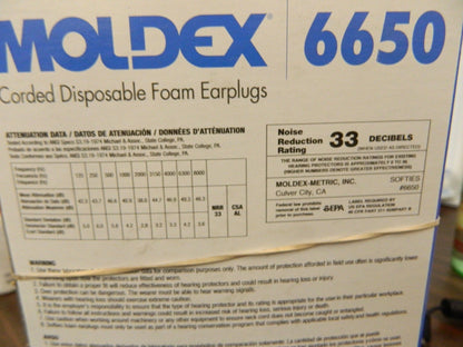 MOLDEX Earplugs 100 pairs: 33dB, Non-PVC Foam, Bell, Roll Down, Corded 6650