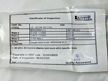 SPI Plug Single End Thread Gage 1/2-20 Thread 2B Class Go 34-289-9