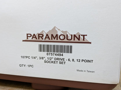Paramount 107 Piece Socket Set w/ Case 1/4", 3/8", 1/2" Drive 6, 8, 12 Point