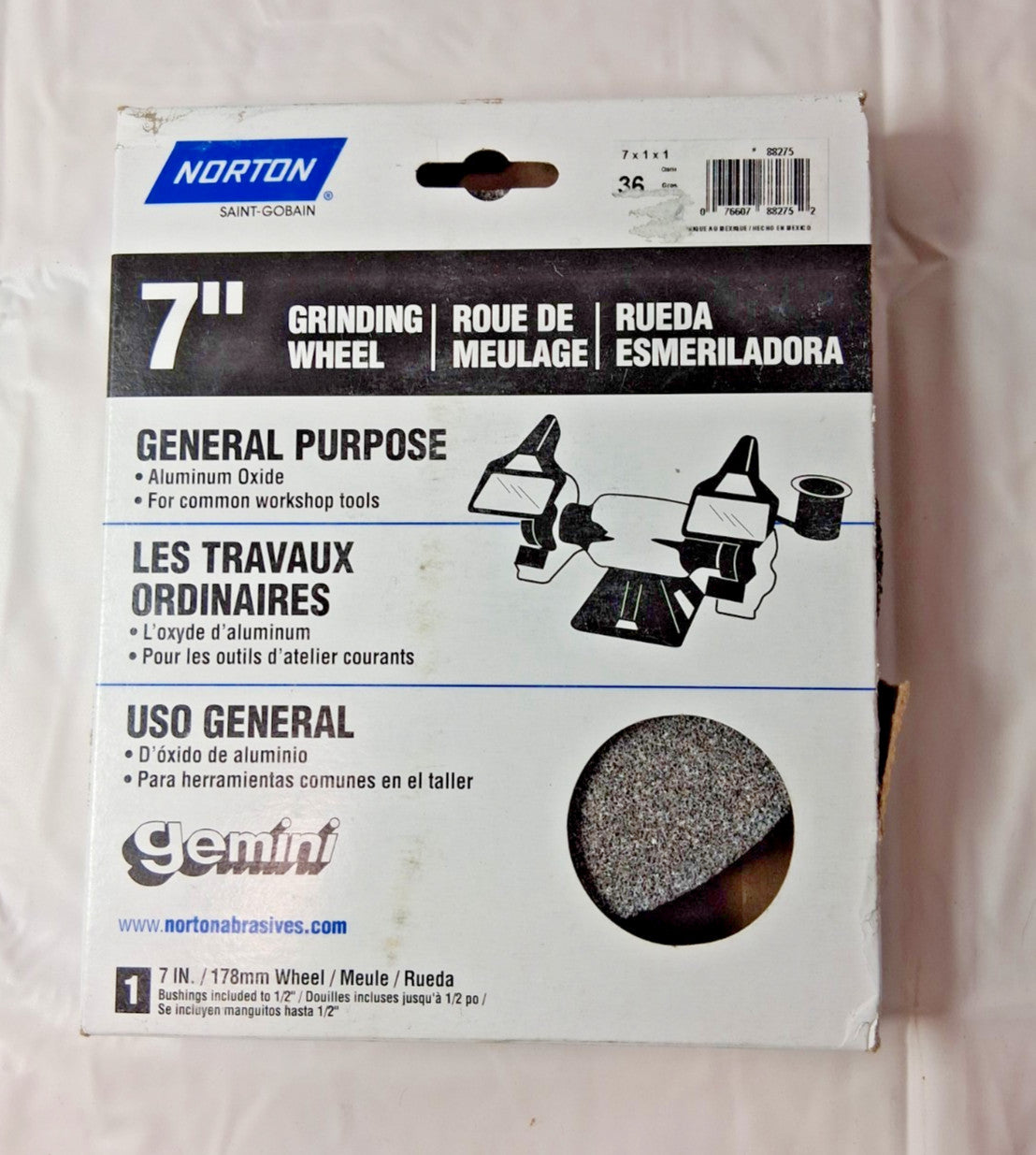 Norton Aluminum Oxide Bench Grinding Wheel 7x1x1 In 36 Grit Coarse 88275