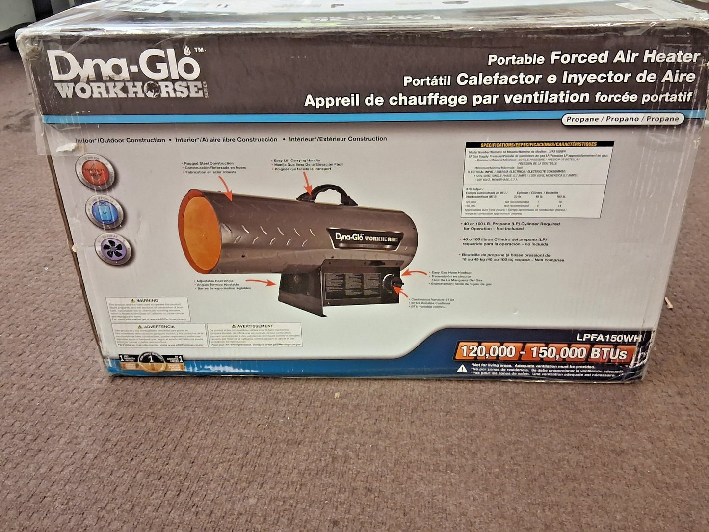 Dyna-Glo Workhorse Forced Air Heater 120K-150K BTU LP LPFA150WH