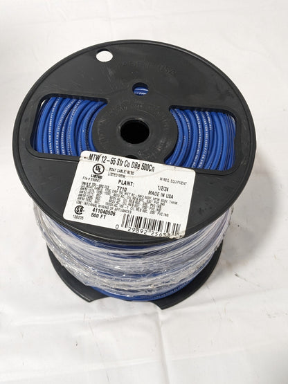 SOUTHWIRE Machine Tool Wire: 12 AWG, Blue, 500' Long, PVC 411040506