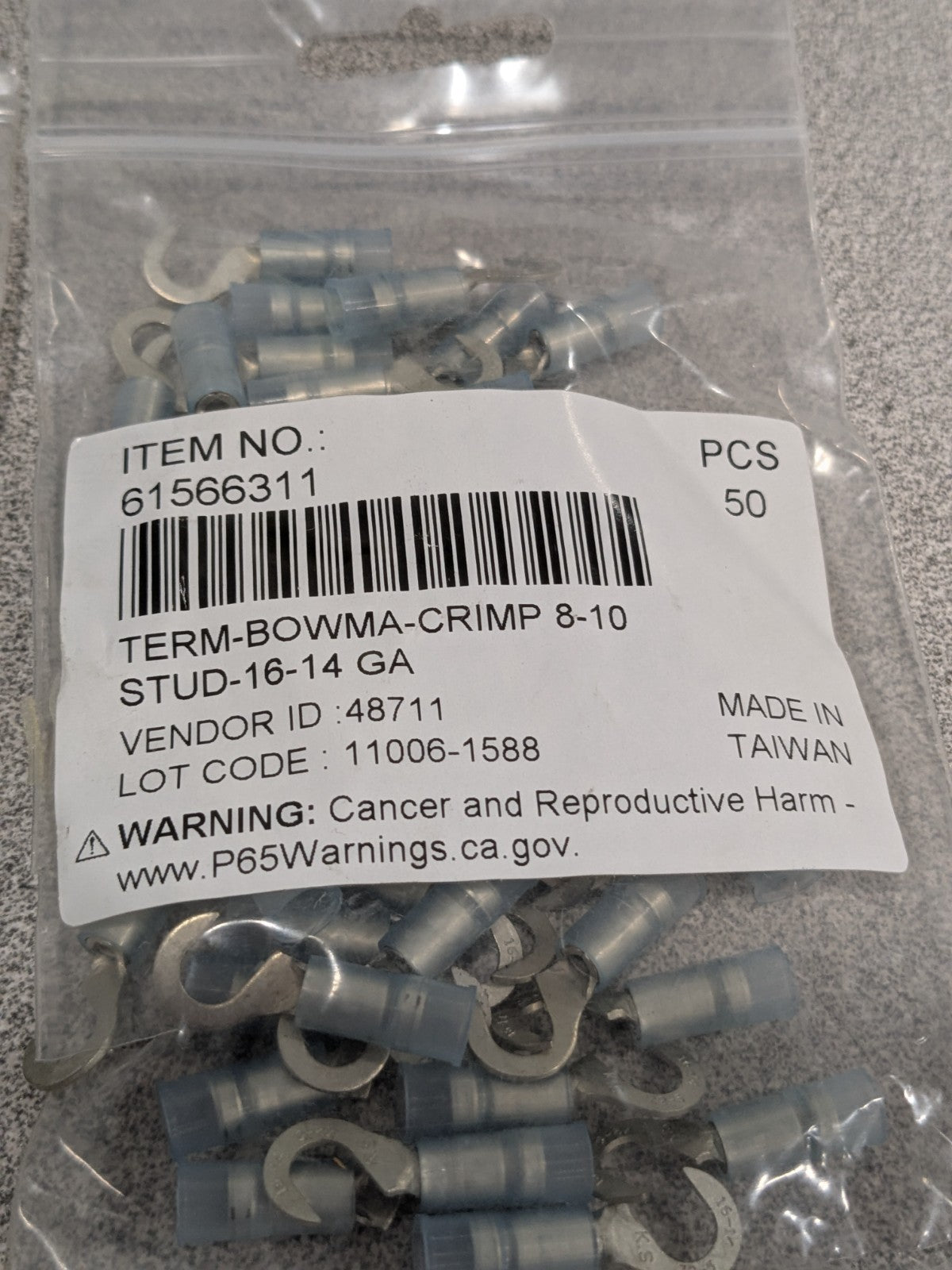 Hook Ring Terminal: 16 to 14 AWG, Crimp Connection Qty 100 61566311