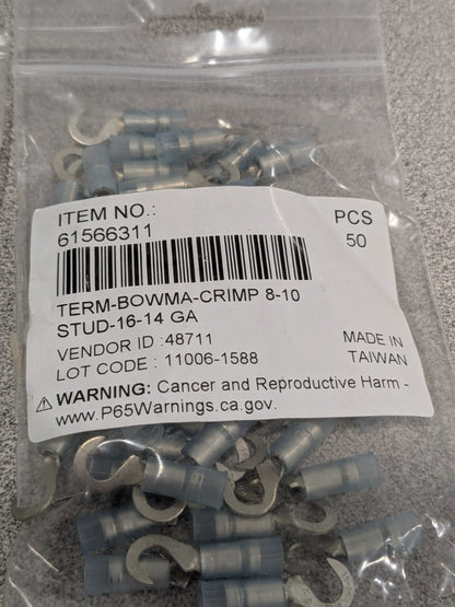 Hook Ring Terminal: 16 to 14 AWG, Crimp Connection Qty 100 61566311