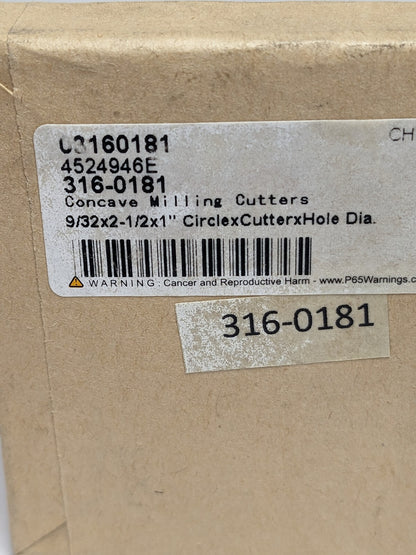 HSS 1 Arbor Concave Radius Cutter, 9/32" Radius, 2-1/2 Cut Diam 316-0181