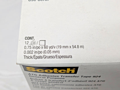12 Rolls 3M Scotch ATG Adhesive Transfer Tape 924 General Purpose 0.75"X60yd 924