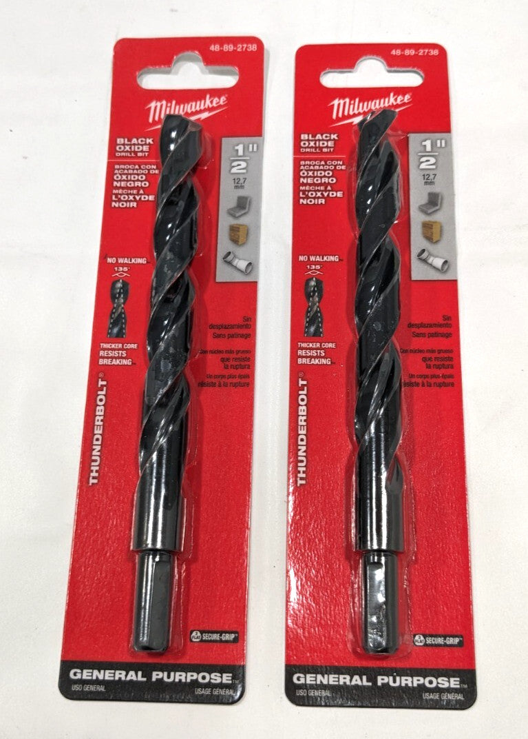 MILWAUKEE  Jobber Length Drill Bit 1/2" (0.500") Dia HSS 48-89-2738  *2 PACK*