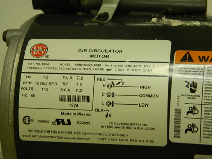 US Motors 1/2 HP Single Phase PSC Motor 1,075 RPM, 115 Volt, 60 Hz DAMAGED 1924