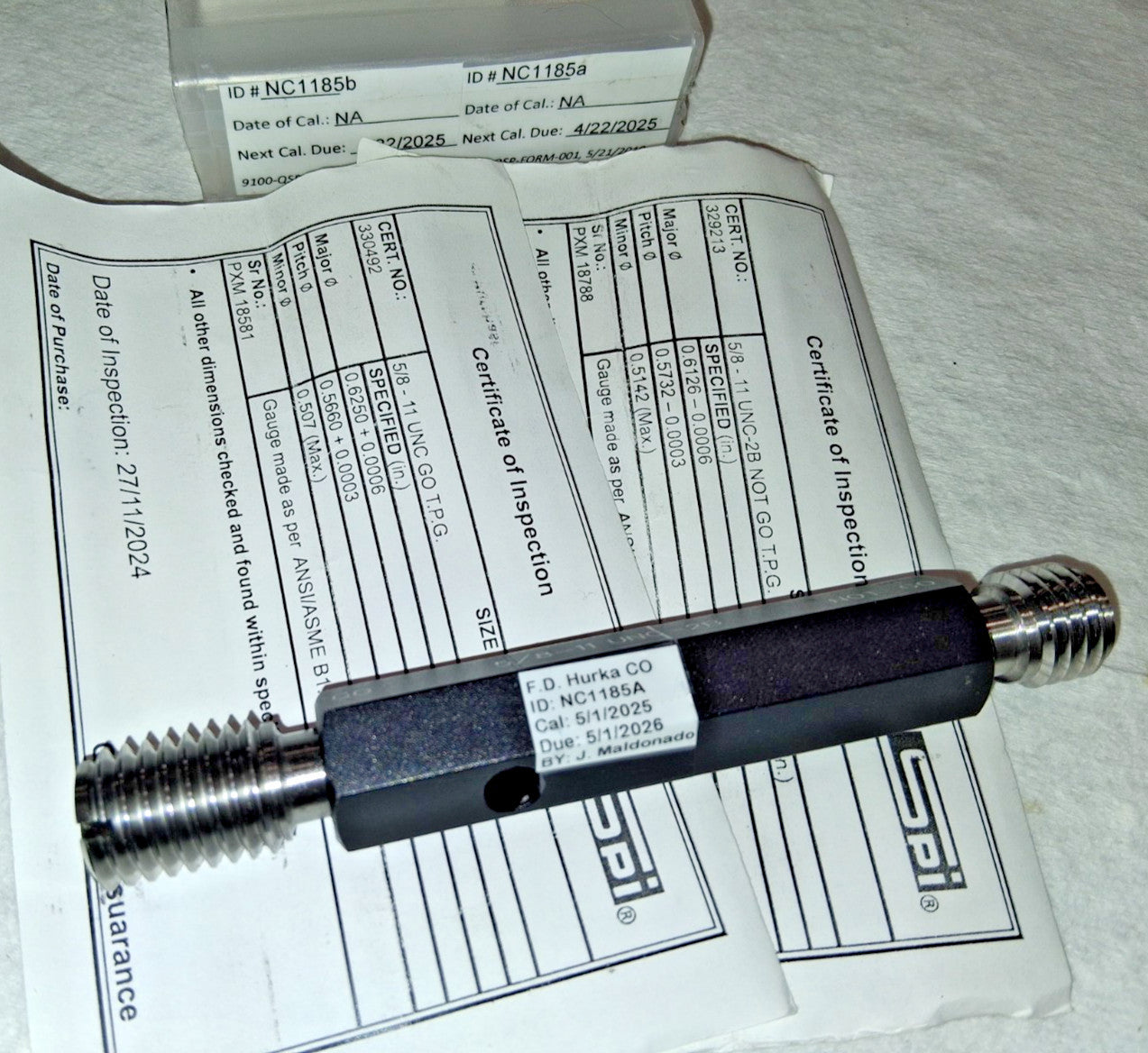 SPI Plug Thread Gage 5/8-11 Thread 2B Double End Go & No Go 34-411-9