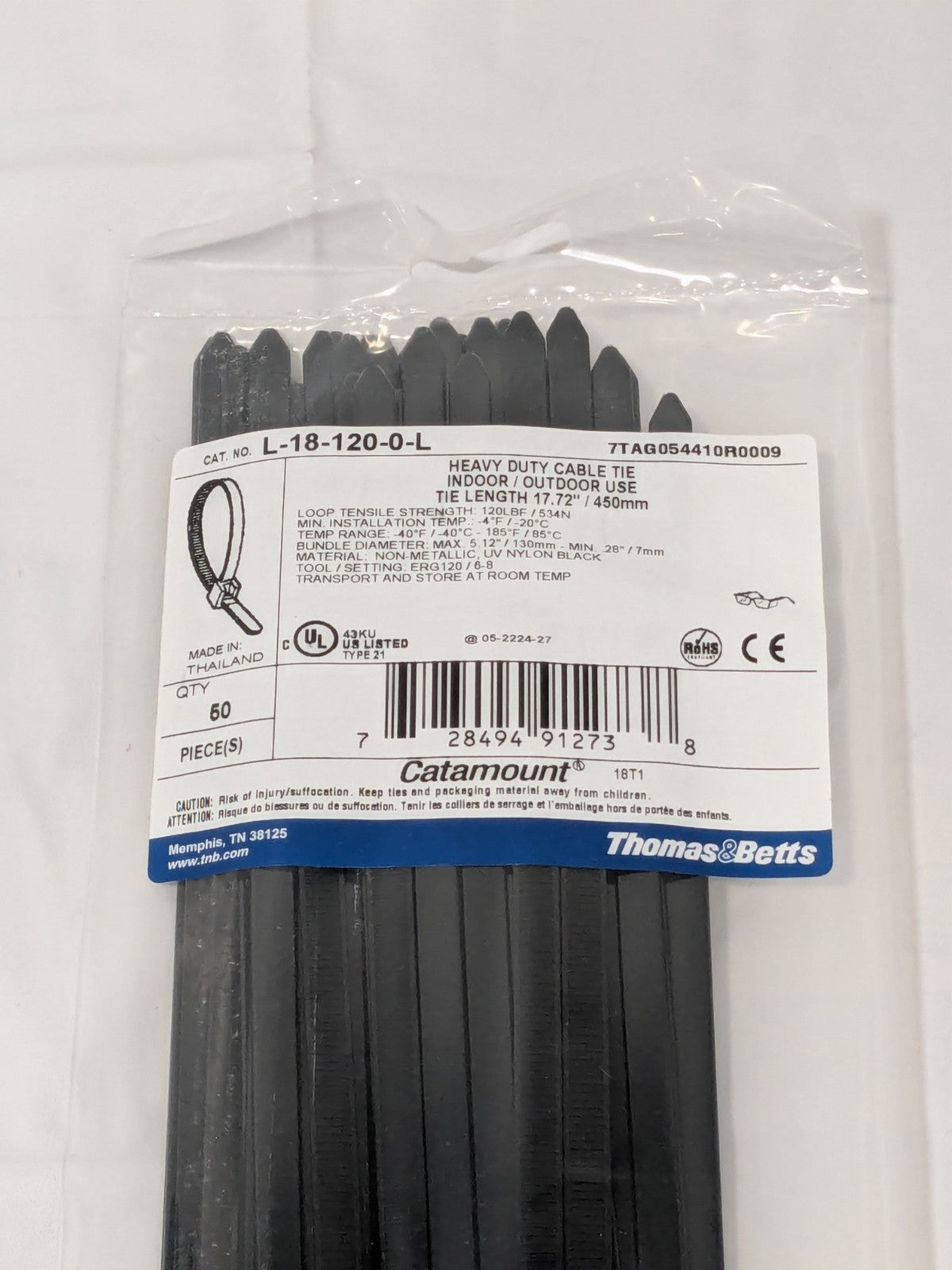 Thomas & Betts Cable Tie: 18" Long, Black, Nylon, 120 lb Pack of 50 L-18-120-0-L