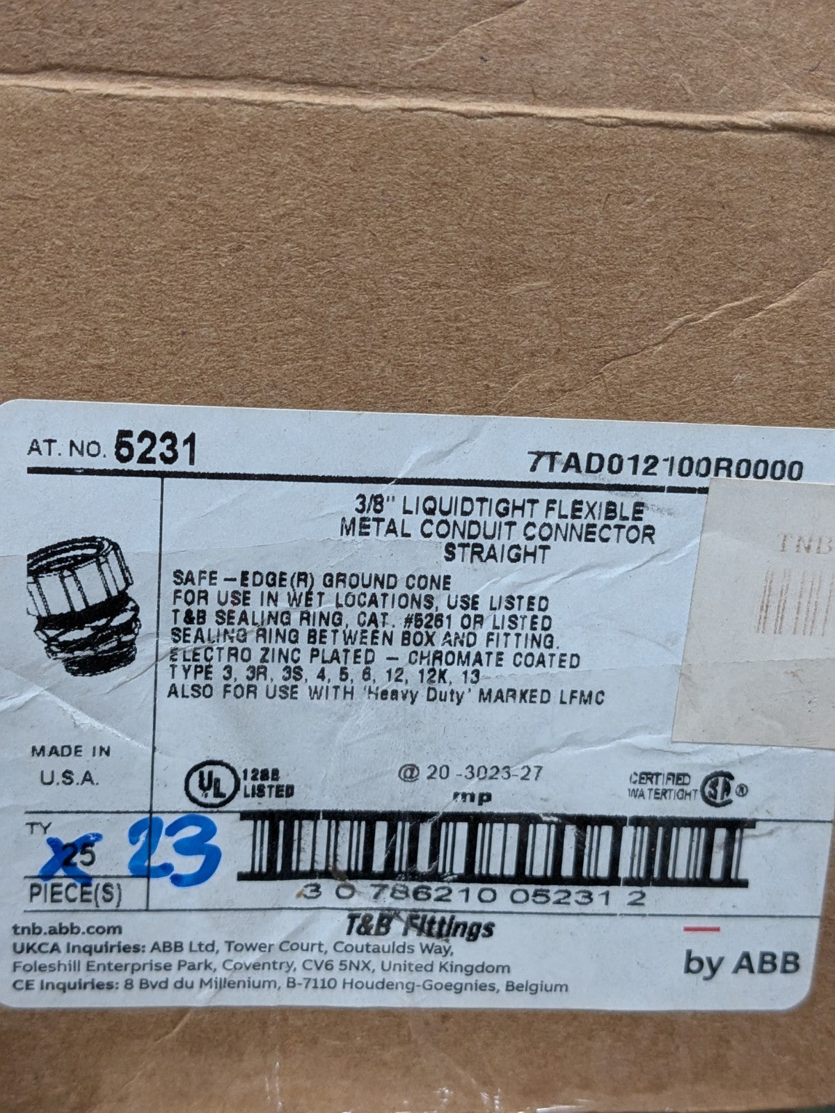 (23)T&B 3/8" Conduit Connector: Liquid-Tight, Malleable Iron & Steel BD-TNB-5231