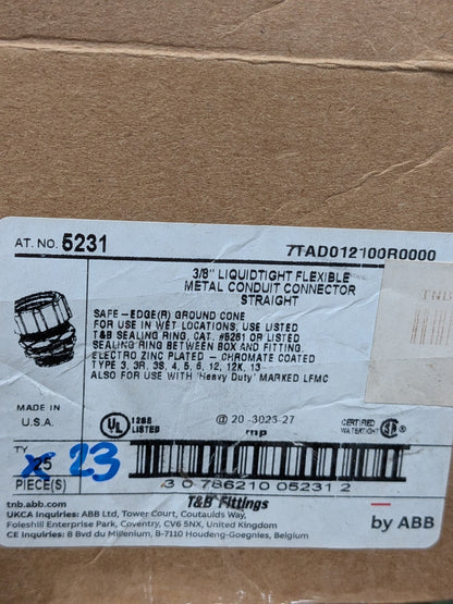 (23)T&B 3/8" Conduit Connector: Liquid-Tight, Malleable Iron & Steel BD-TNB-5231