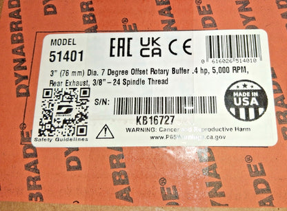 Dynabrade Handheld Pneumatic Buffer 3" Pad Dia 5,000 RPM 0.4 hp 51401