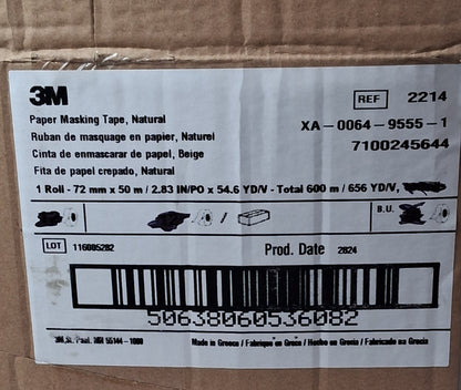 3M Paper Masking Tape Natural 2.83 IN x 54.6 YD 72mm x 50m QTY 3 2214