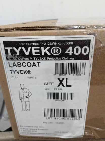 DUPONT Lab Coat: 1.20 oz Material, Size X-Large, Tyvek Qty 30 TY212SWHXL003000