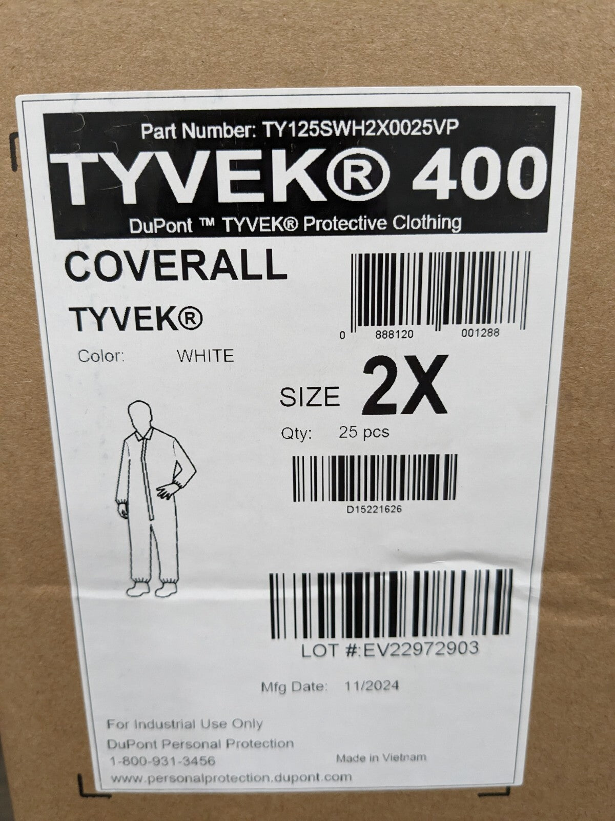 DUPONT Disposable Coveralls: Particle Protection Sz 2XL Qty 25 TY125SWH2X0025VP