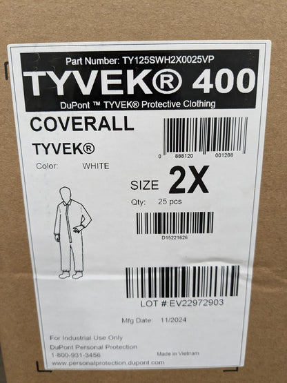 DUPONT Disposable Coveralls: Particle Protection Sz 2XL Qty 25 TY125SWH2X0025VP