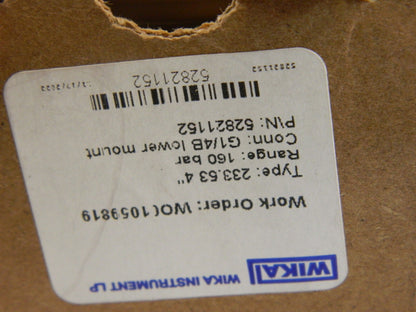 WIKA Pressure Gauge: 4" Dial, 1/4" Thread, BSPP, Lower Mount 52821152