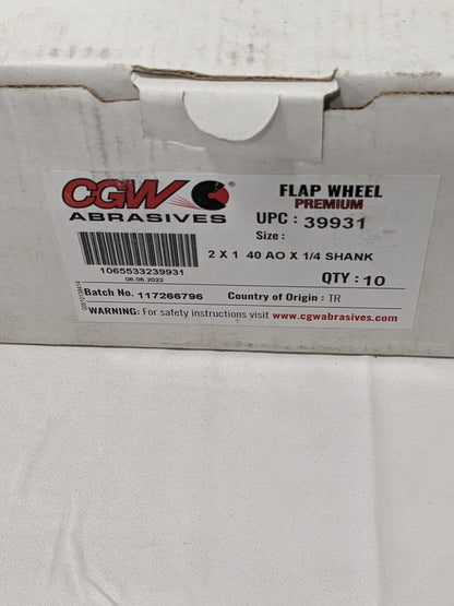 CGW Mounted Flap Wheel: 2" Dia, 1" Face Width, 40 Grit, AO Qty 10 39931