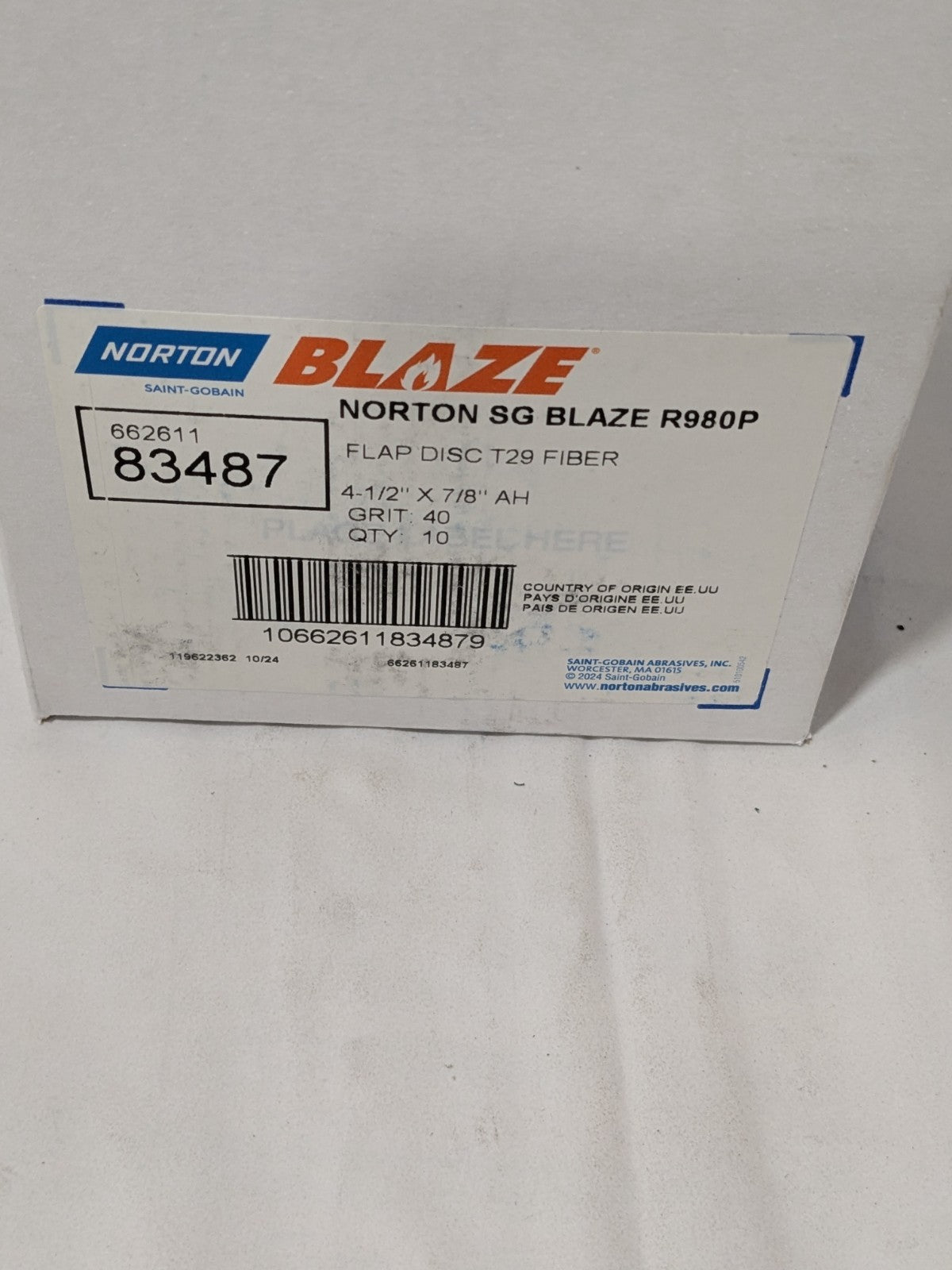 (10)Norton Flap Disc 4-1/2" Dia, 7/8" Hole, Ceramic Alumina, Type 29 66261183487