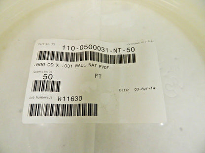 Parker PVDF Tube .500" OD x 0.31" Tube Wall Thickness 50 Ft 110-050003