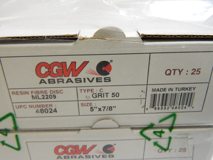 CGW ABRASIVES Fiber Disc: 5 Disc Dia, 7/8 Hole, 50 Grit, qty 100 48024