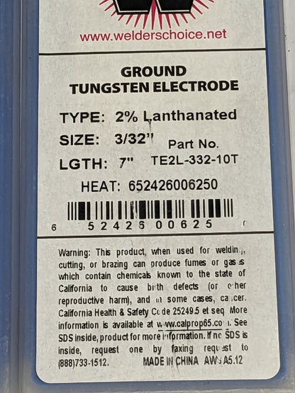 Welder's Choice Ground Tungsten Electrode 3/32" x 7" Qty 20 TE2L-332-10T