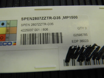 Seco SPEN2807ZZTR-D35 MP1500 Carbide Inserts, Pack of 3
