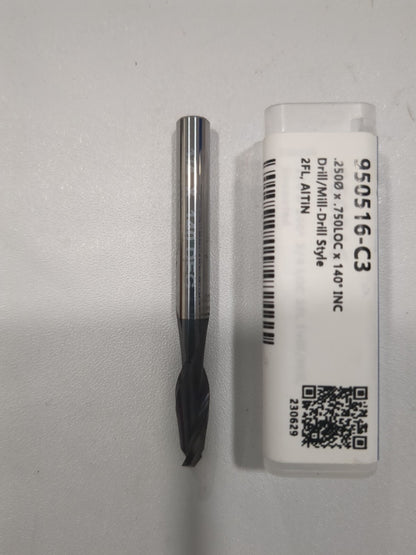 HARVEY TOOL Drill Mill: 1/4" Dia, 3/4" LOC 2 Fl 140° Pt Solid Carbide 950516-C3