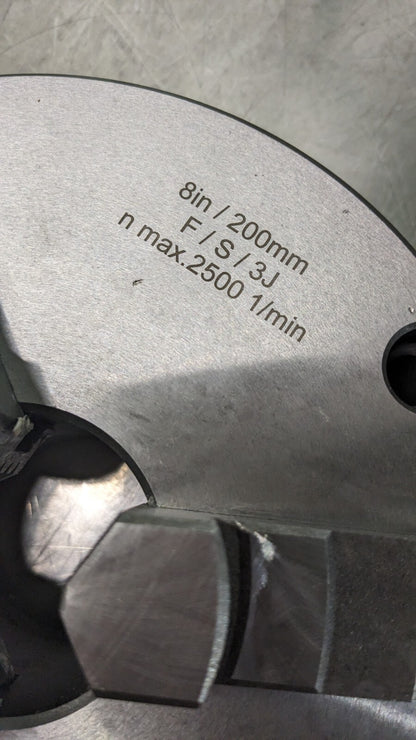 HERTEL Manual Lathe Chuck 8 Dia 3 Jaws Self-Centering Solid Jaws 2,500 Max RPM