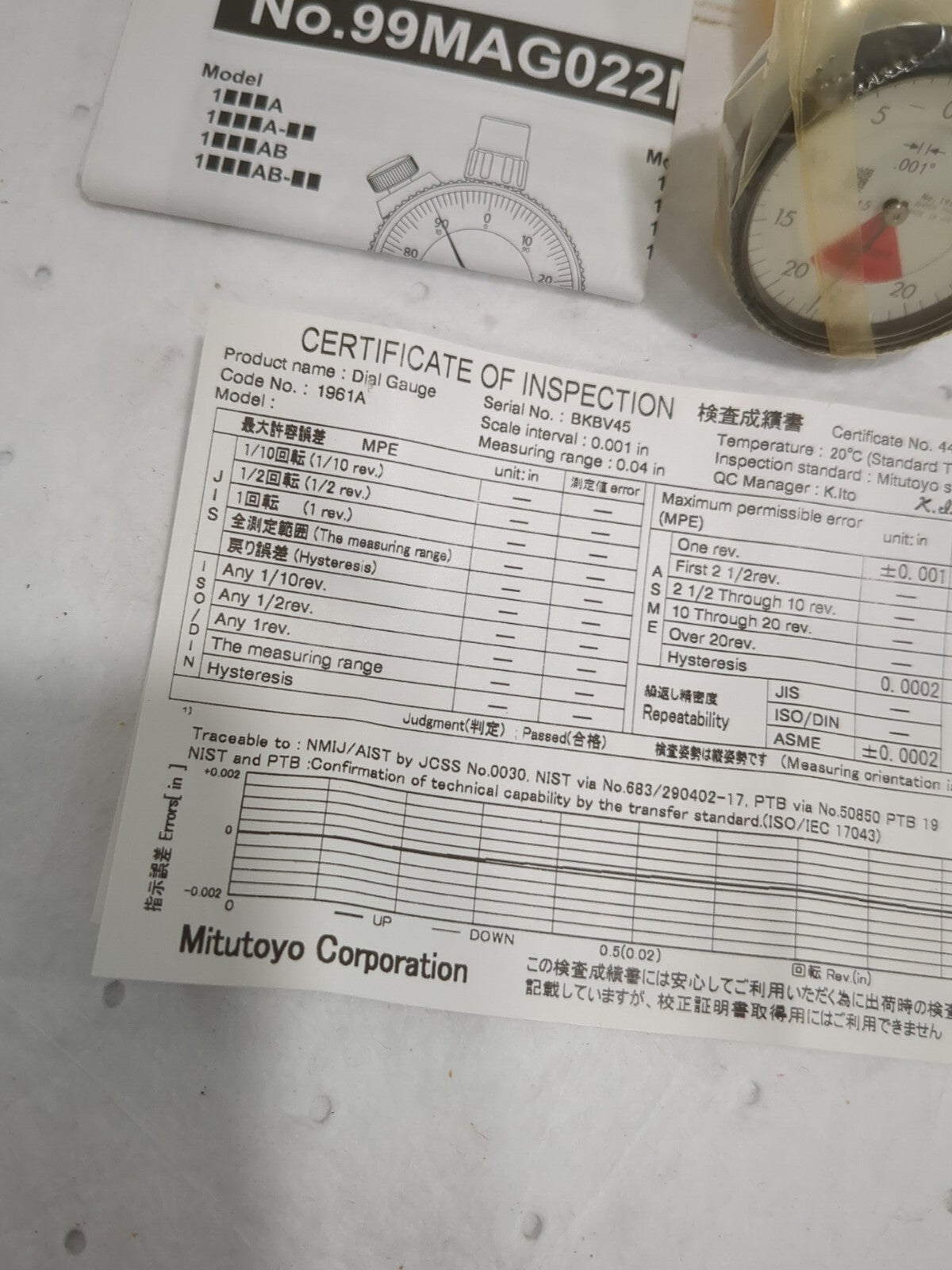 MITUTOYO Dial Drop Indicator 0.0400" Max Measurement, 20-0-20 Dial Reading