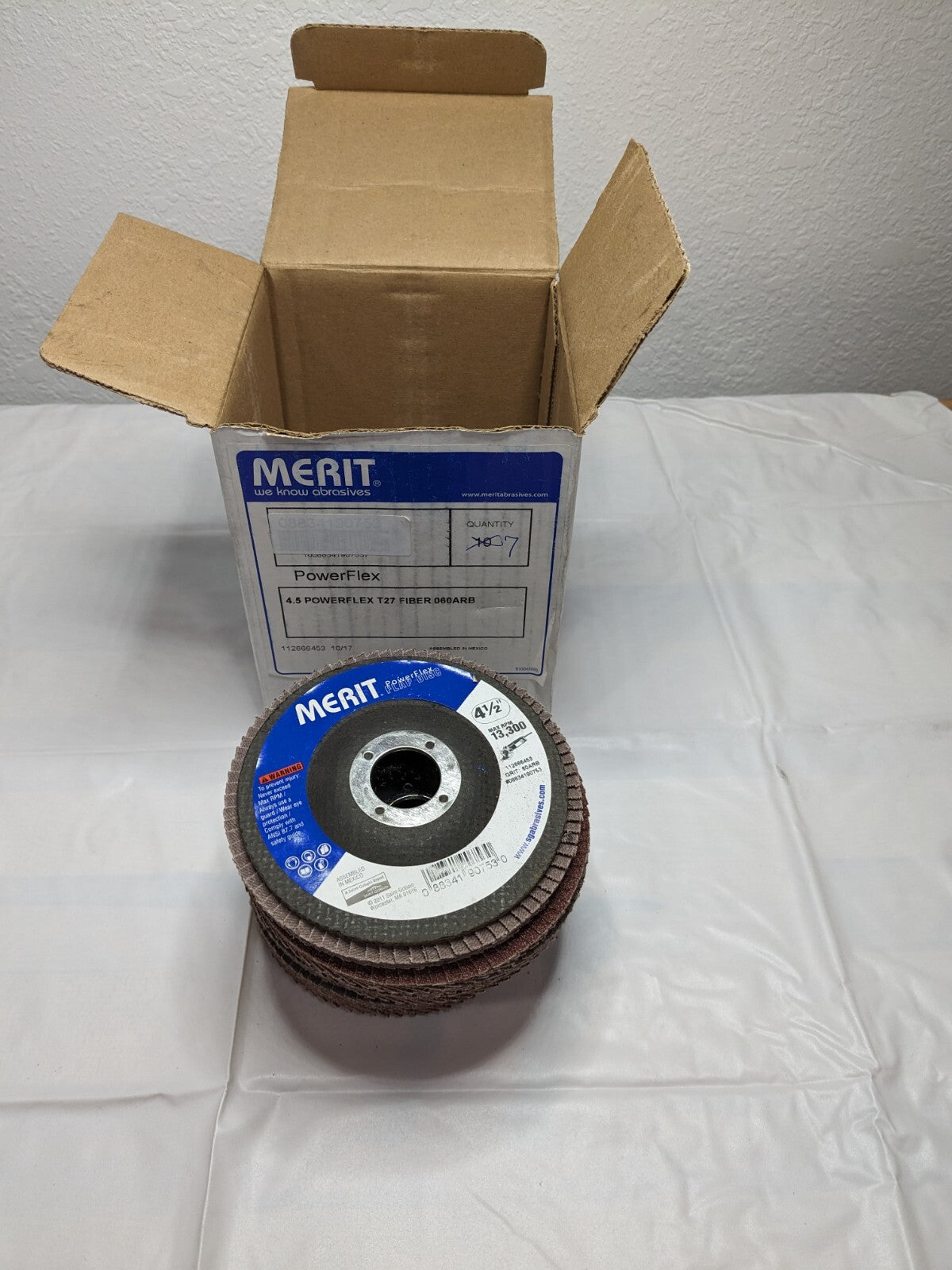 Merit Flap Disc: 4-1/2" Diam, 7/8" Hole, 60 Grit, AO, Type 27 Qty 7 08834190753