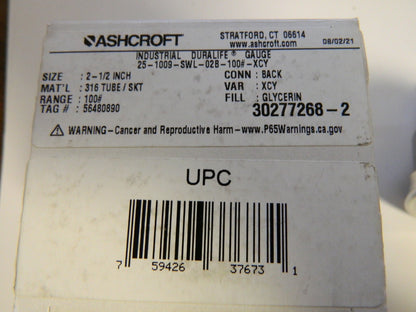 Ashcroft 2-1/2" Dial, 1/4 Thread, 0-100 Scale Range, Pressure Gauge