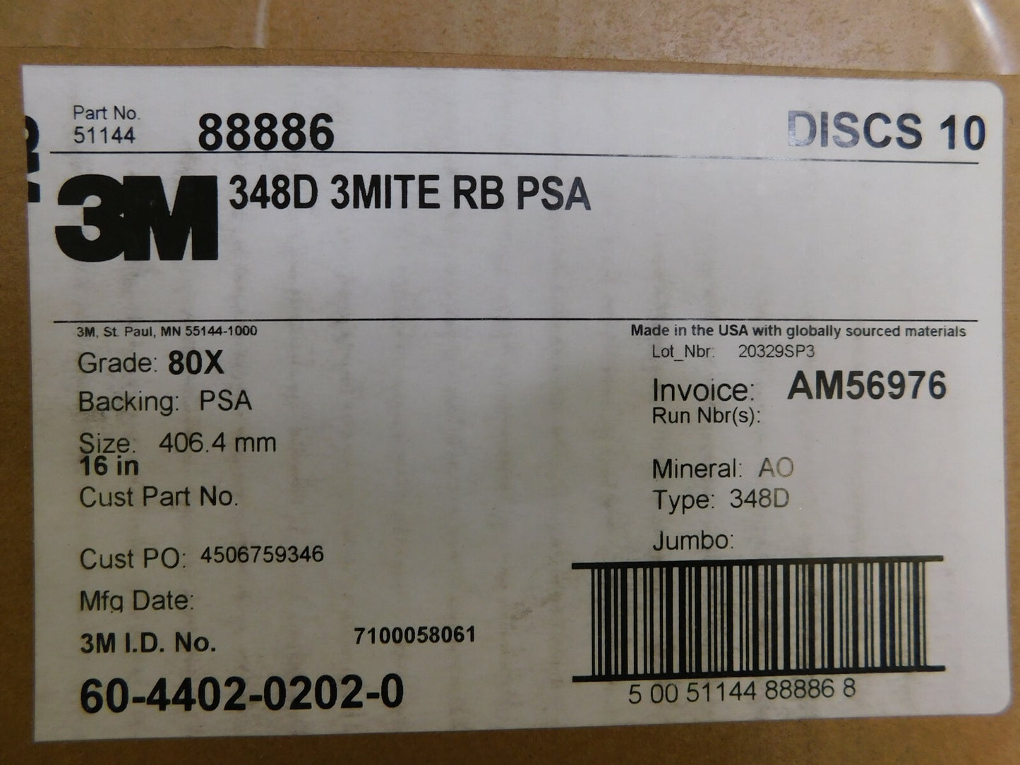 3M Aluminum Oxide Adhesive PSA Disc 10 Pack 16" Diam 80 Grit  5114488886