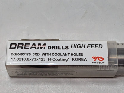 YG-1 Carbide Hi-Feed Dream Drill w/Coolant Holes 17.00mm Diam 3XD 3FL DGR493170