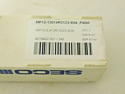 Seco Carbide Milling Tip Inserts MP12-12014R31Z3-E04 Grade F40M Qty 2 51741