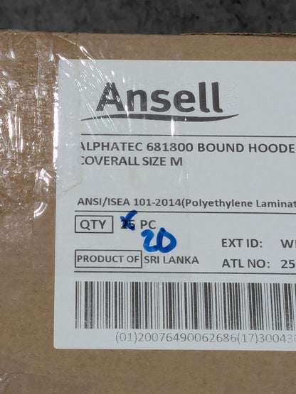 Ansell Rain & Chemical-Resistant Coveralls: SZ M Qty 20 WH18-B-92-111-03