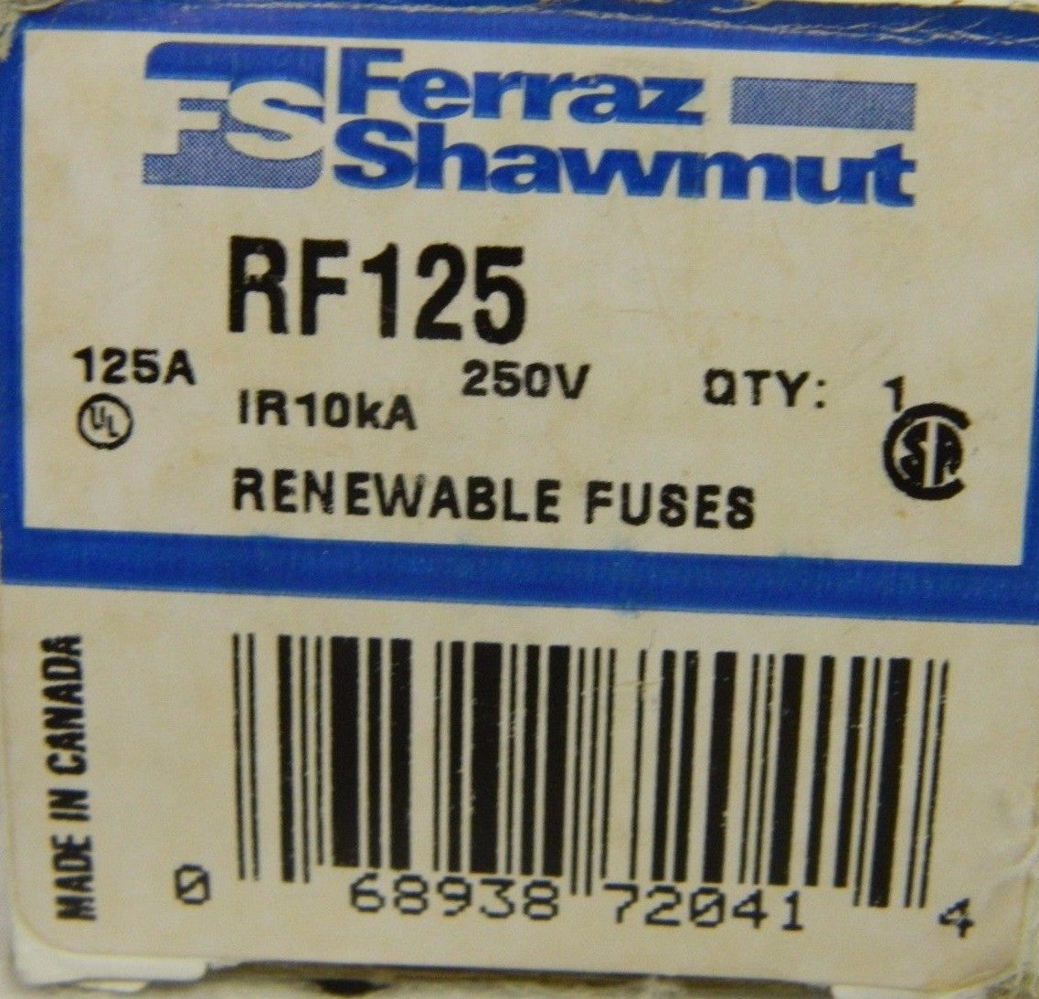 Ferraz Shawmut Fast Acting Renewable Fuse 250 VAC 125A #RF125