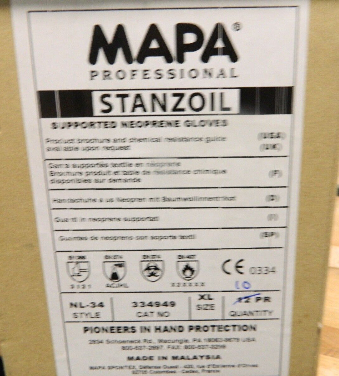 Mapa Pro XL 12" Long Supported Neoprene Chemical Resistant Gloves Qty 10 Pair