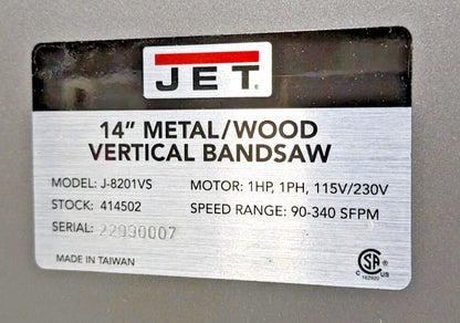 JET J-8201VS Vertical Bandsaw  Variable Speed  1HP  115V  *Shipping Damage*