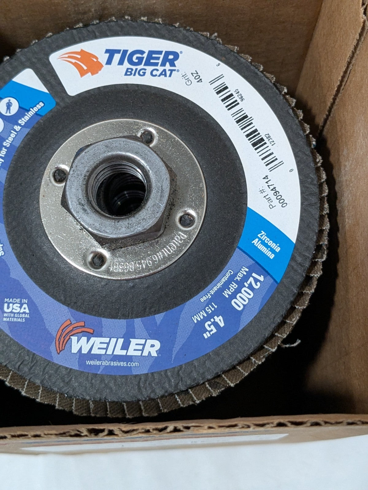 Weiler Flap Disc: 4-1/2" Dia, 40 Grit, Zirconia Alumina, Type 27 Box of 10