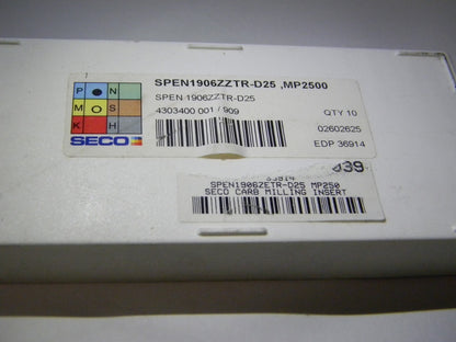 Seco Carbide Milling Inserts SPEN1906ZZTR D25 Grade MP2500 Qty 10 36914