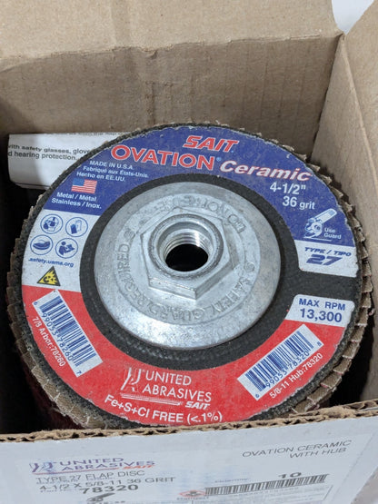 United Flap Disc: 4-1/2" Dia, 36 Grit, Ceramic Alumina, Type 27 Qty 10 78320