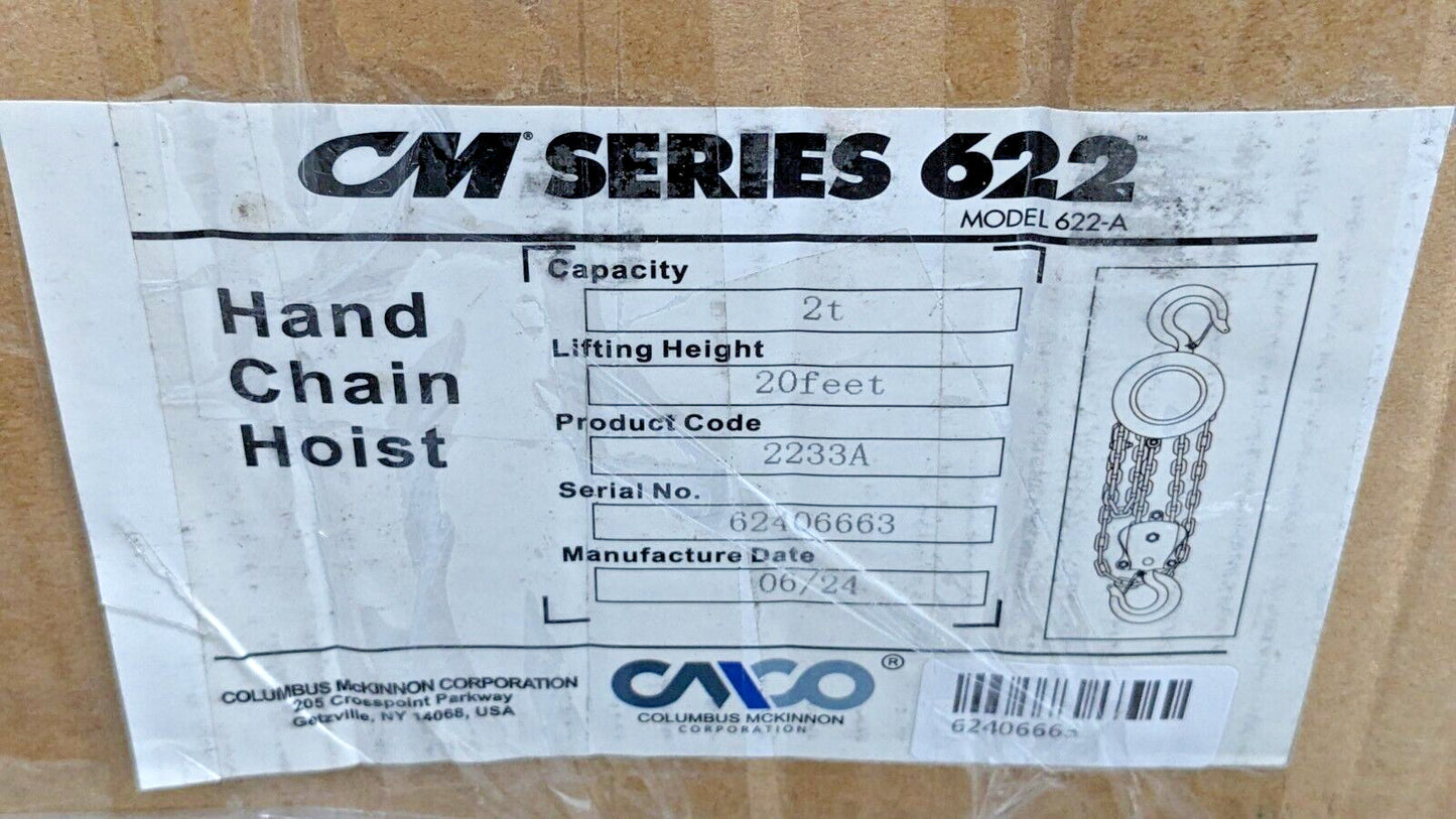 CM Series 622 Hand Chain Hoist 2 Ton Capacity X 20 Ft Lift 2233A
