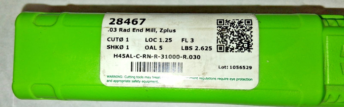 Helical Solutions Corner Radius End Mill 1" Dia 1" S H45AL-C-RN-31000-R.030
